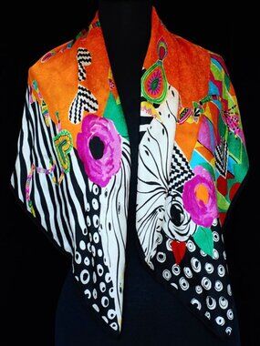 Louis Feraud 1970's Vibrant Hand Printed Silk Scarf With Hand Rolled Hem